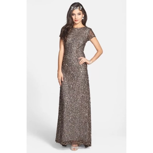 NEW $248‎ Adrianna Papell Short Sleeve Sequin Mesh Gown in Lead [ Size 4 10 ] - Picture 11 of 14